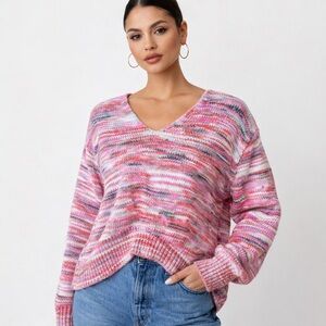 Vibrant Marbled Pink Rainbow V-Neck Wool Blend High-Low Layering Piece Sweater